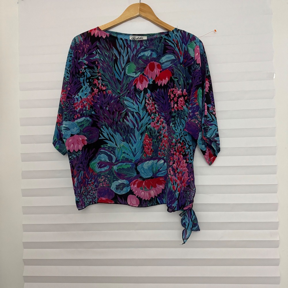 Teddi of California Vintage Floral Blouse Purple Blue Tropical Side Tie Small